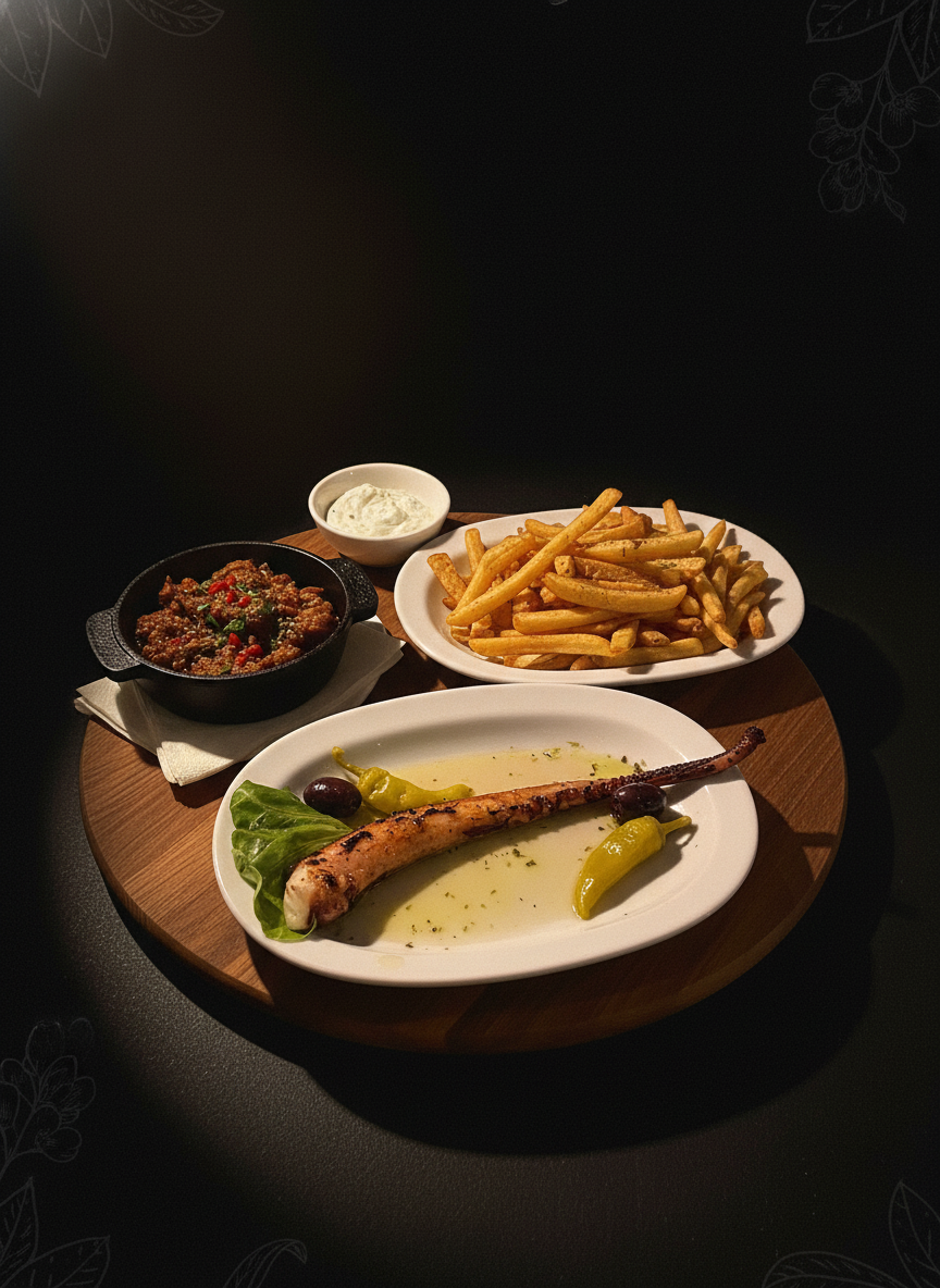 Gegrillter Oktopus mit Pommes